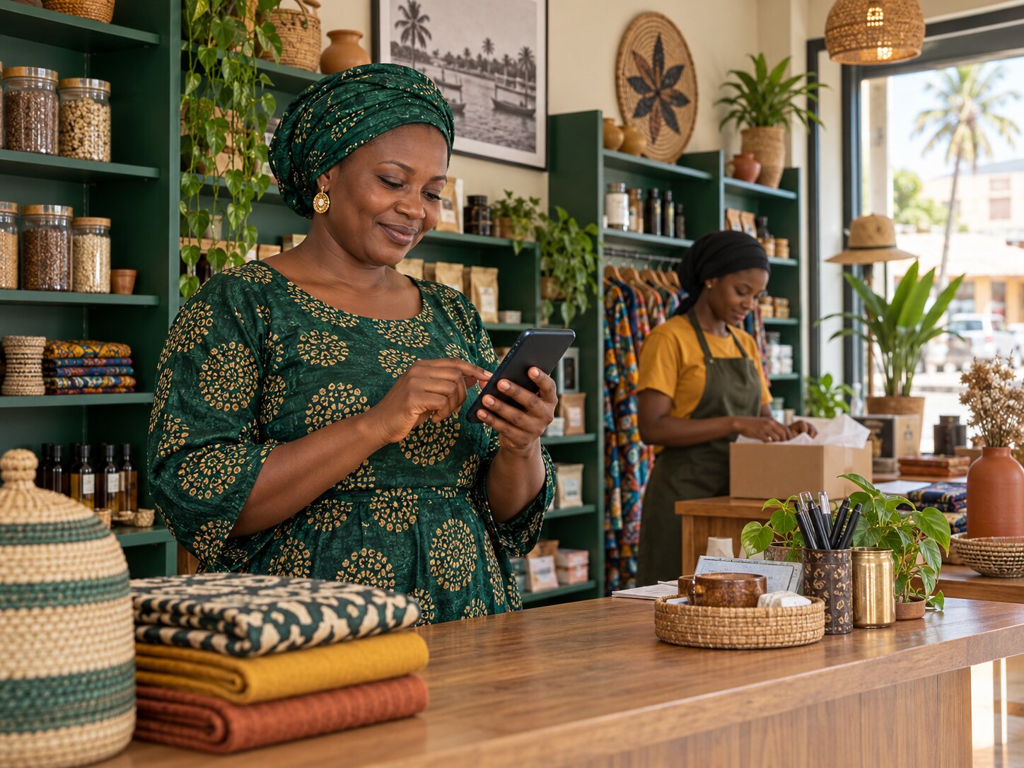 A Gambian business owner using her phone in her shop