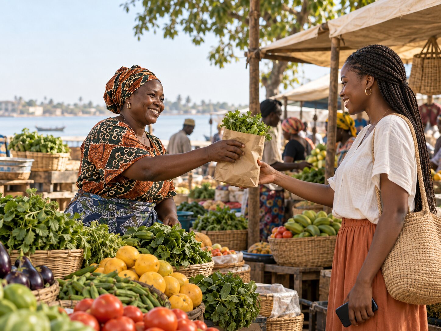A customer buying fresh produce from a local Gambian market
