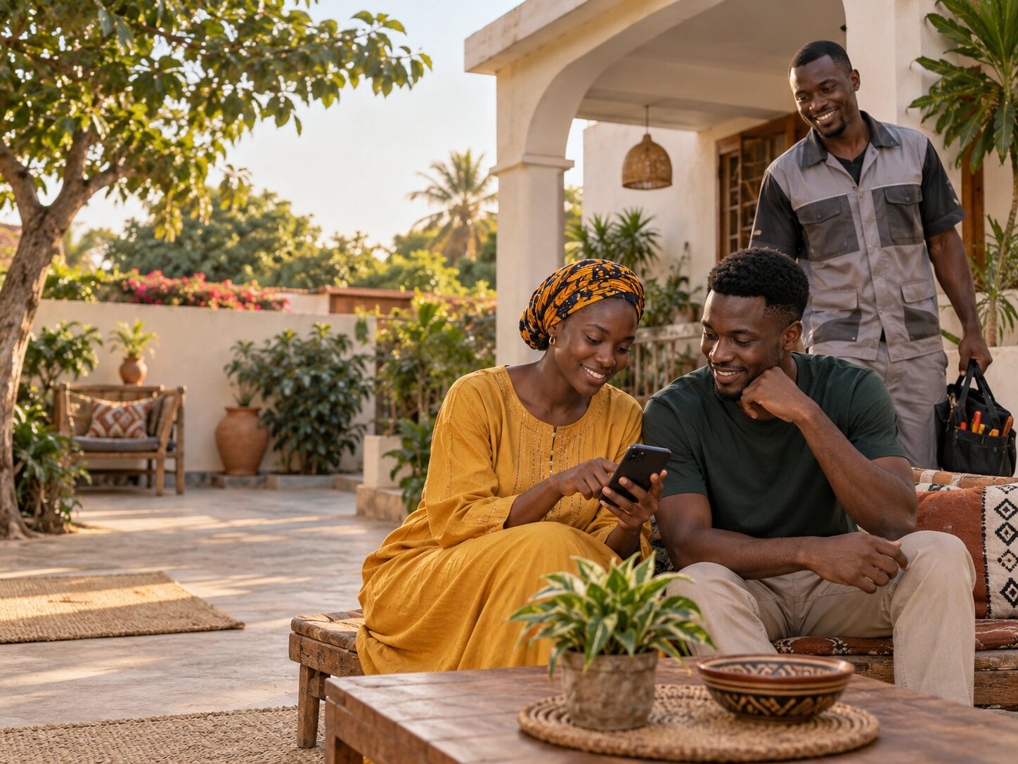 A local service professional arriving to help a Gambian household