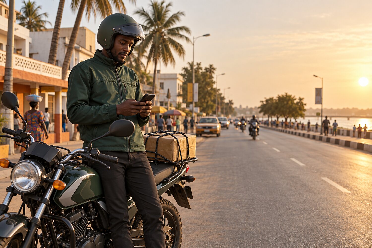 A professional courier preparing for work in The Gambia